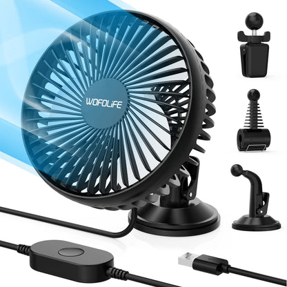 WOFOLiFE USB Car Fan with 3 Holders, 3 Speed Adjustable, USB Powered