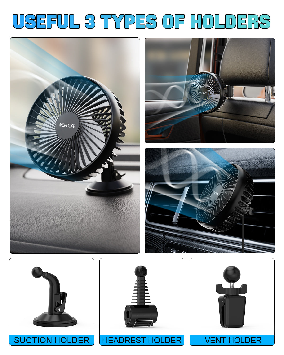 WOFOLiFE USB Car Fan with 3 Holders, 3 Speed Adjustable, USB Powered